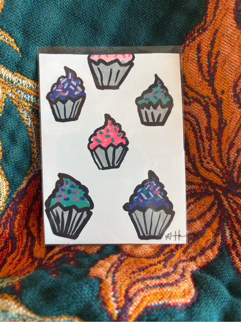 Hand-Drawn Cupcake Art Print – Multicolor Frosting ACEO